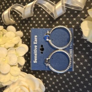 Silver Tone Braided Herringbone Sensitive Ears Hoop Earrings NWT
